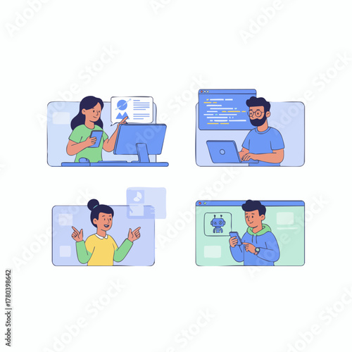 A team of developers and analysts working in a digital network.