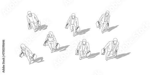 CAD Drawings. Top view of people holding shopping bags, walking or standing isolated on white background. Vector illustration.