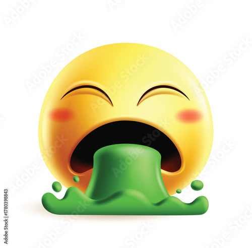 Emoji puke vomit 3d character clipart. Emoji sick vomit face clip art with green liquid spew, unwell, nausea, ill, upset, gross and unhealthy facial expression for social media graphic emoticon 