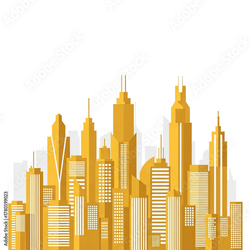 A vibrant cityscape illustration featuring a collection of modern skyscrapers in various shades of yellow and gold.