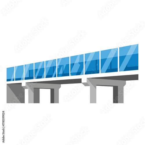 Vector illustration of a modern highway overpass with blue glass sound barriers on concrete supports, isolated on a white background.
