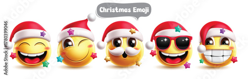 Christmas emojis Santa characters clipart set. Emoji Christmas Santa Claus character clip art in happy, winking, smiling, cute, cool and naughty facial expression emoticon collection vector 