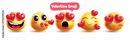 Emojis Valentine's characters clipart set. Valentine's love Emoji clip art with heart eyes, lip kiss, in love, lovely, crush and broken heart facial expression 3d graphic element collection vector 