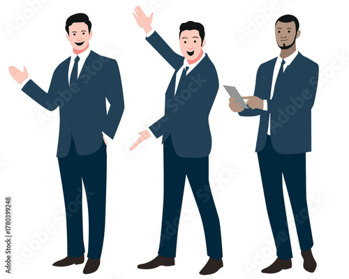 Flat illustration of three businessmen in professional gesture poses showing teamwork, presentation, and leadership concepts. Great for business and office projects.