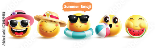 Emojis summer characters clipart set. Summer emoji 3d character clip art wearing stylish summer hat, sunglasses, beachball, floaters and watermelon with smiling, cool, happy and enjoy facial 