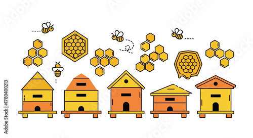 Collection of Beehives and Honeycombs with Bees Illustration.