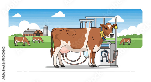 Dairy Cow Milking with Automated Machine in Farm Setting.
