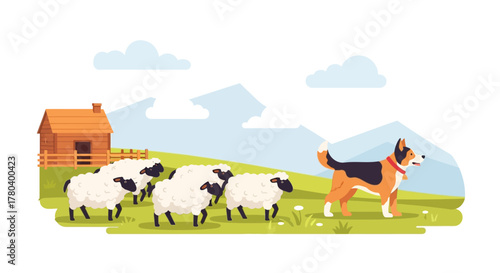 Sheepdog Herding Sheep in a Rural Farm Setting Illustration.