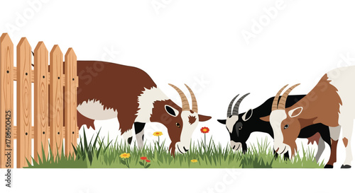 Three domestic goats grazing on green grass near a wooden fence.