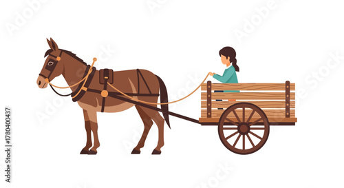 Young girl riding a traditional wooden horse-drawn cart.