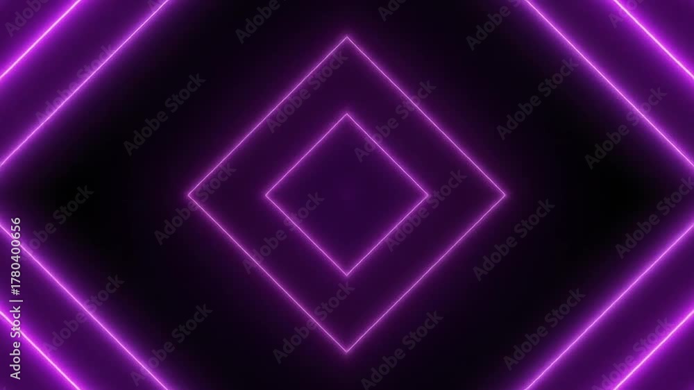 Glowing purple neon lines form nested diamond shapes against a black background