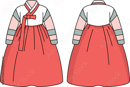 Traditional Korean hanbok illustration, front and back view, red chima, white jeogori, multicolor sleeves, cultural fashion, heritage costume, vector sketch