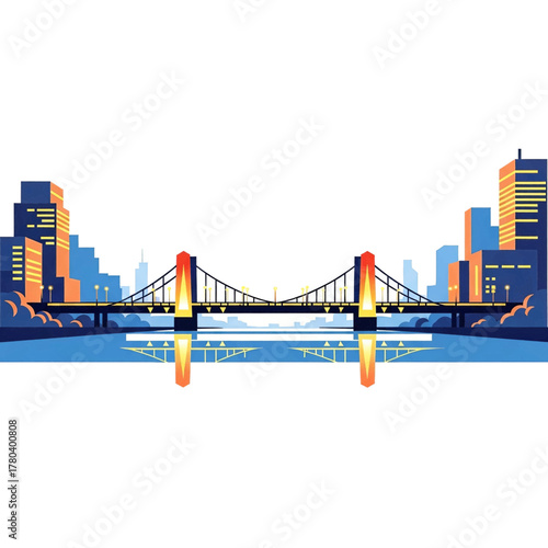 A suspension bridge with illuminated towers spans a river, reflecting in the water, with a city skyline in the background.