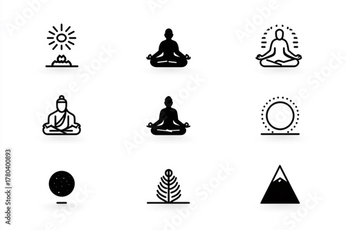 Minimal line icon set displaying various aspects of meditation and wellness, featuring figures in lotus pose and nature elements
