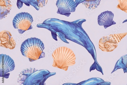 Underwater seamless pattern featuring blue dolphins and various colored seashells, creating an animated aquatic background design