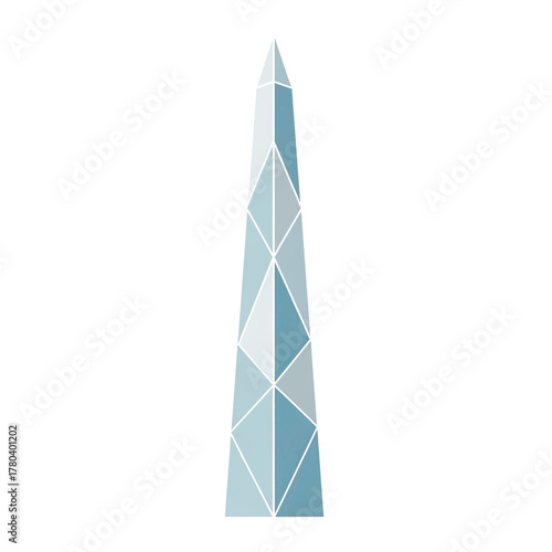 Modern futuristic skyscraper with a geometric crystalline facade isolated on a white background.