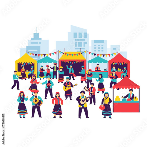 Vector illustration of a vibrant street festival with people in folk costumes playing music and dancing at an outdoor market.