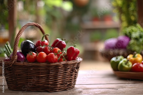 Wicker basket overflowing with colorful fresh produce