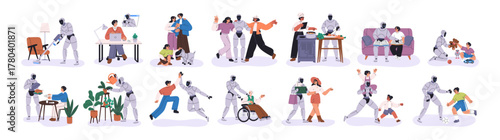 Robots helping people. Future AI technology in life. Futuristic humanoid bot assistants care, support in business, housework, assisting with kid. Flat vector illustrations isolated on white background