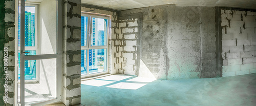 Building and Architecture Concepts. Interior View of Newly Built Apartment With No Decoration in Bright White Colors With Rough Finish.