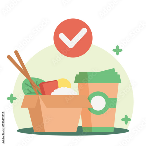 Flat Vector Illustration: Order Confirmation and Ready Food Package