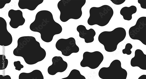 Coww texture. Seamless pattern woth repeated black and white lactic. Print with spot cow skin. Milk pattern.