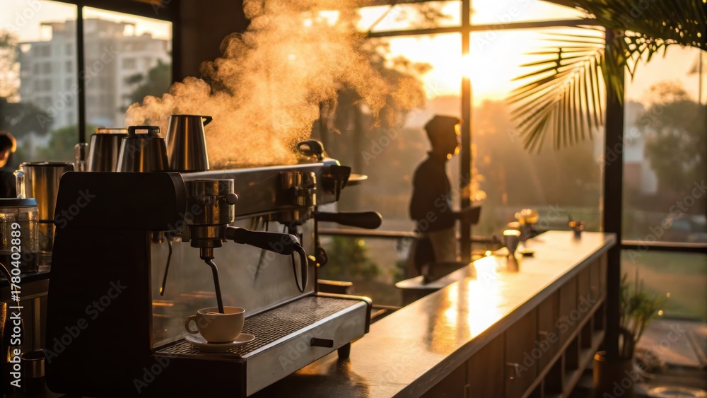 Fototapeta premium Steam rises from coffee machine in indian startup community cafe as sunlight streams through large windows creating warm atmosphere