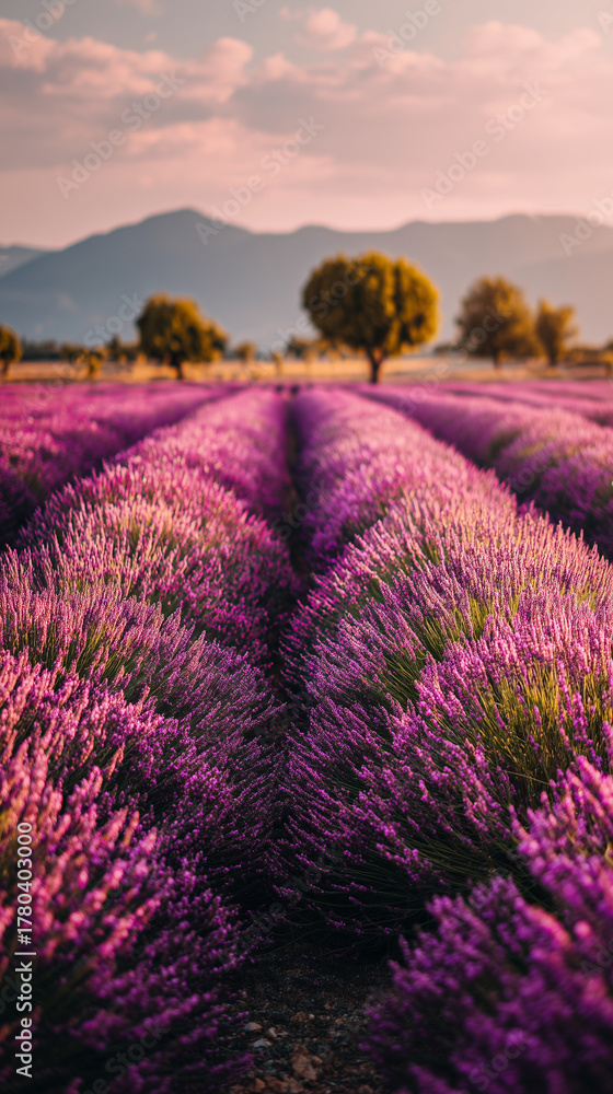 Fototapeta premium A picturesque lavender field in full bloom under a serene sky, creating a vibrant landscape