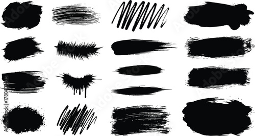 Mega bundle of different ink brush strokes:rectangle,square and round freehand drawings.Ink splatters,grungy painted lines,artistic design elements:waves,circles,triangles.
