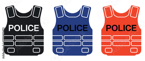 Illustrations of police vests in black, blue, and red convey authority and protection, ideal for law enforcement or security-themed projects