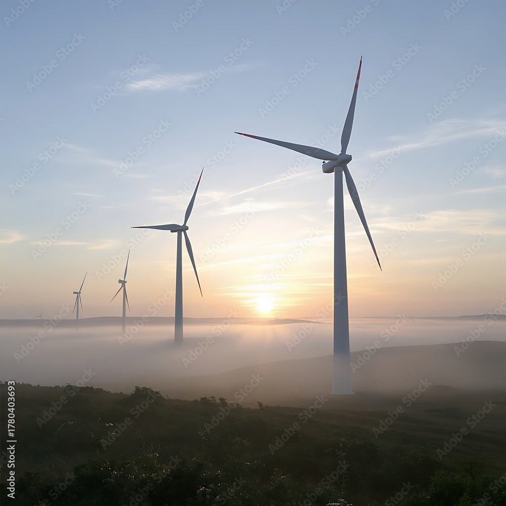 Fototapeta premium Generative AI wind turbines at sunrise with morning mist.