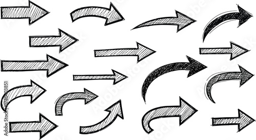 set of hand drawn abstract distress grunge brush arrows, set of black and white silhouettes of various brushed strokes, Hand-drawn collection of various arrow and brush set.