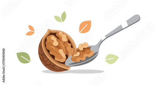 Healthy Walnut Serving With Spoon And Decorative Leaves On White Background