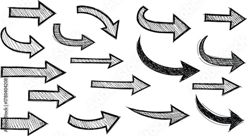 set of hand drawn abstract distress grunge brush arrows, set of black and white silhouettes of various brushed strokes, Hand-drawn collection of various arrow and brush set.