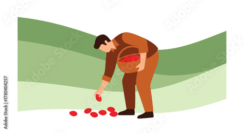 Harvesting Time: Farmer Carefully Collecting Ripe Tomatoes in a Welcoming Environment