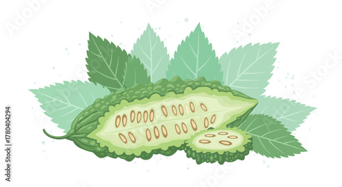 Illustration Of A Bitter Melon With Leaves, Close-Up View Design On White Background