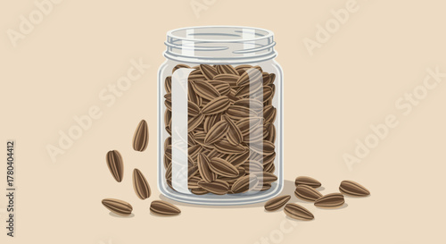 Healthy And Nutritious Sunflower Seeds Displayed Within a Glass Jar and Scattered Around