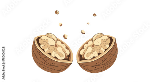 Illustration Of A Freshly Cracked Walnut With Nut Pieces and White Background
