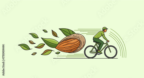 Healthy Bicyclist Pedaling With Almonds And Leaves Against Light Green Background