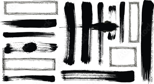 Mega bundle of different ink brush strokes:rectangle,square and round freehand drawings.Ink splatters,grungy painted lines,artistic design elements:waves,circles,triangles.