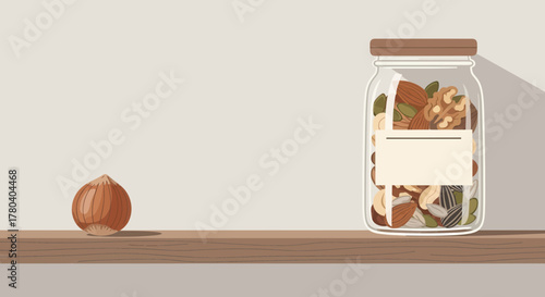 Healthy Collection Displayed With Nuts In A Jar And A Hazelnut On A Wooden Shelf