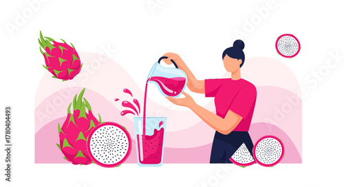 Healthy Drink Preparation With Dragon Fruit And Woman Pouring Juice In Glass For Nutrition