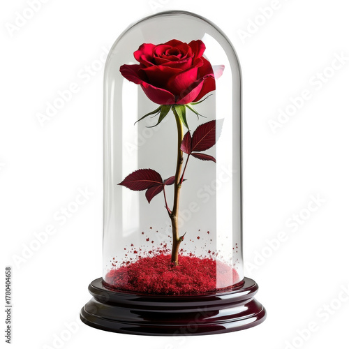 Enchanted red rose under glass dome romantic symbol of love and beauty isolated on transparent background