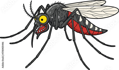 Angry cartoon mosquito illustration with sharp teeth and detailed wings design perfect for pest control, health warning, and educational vector art.