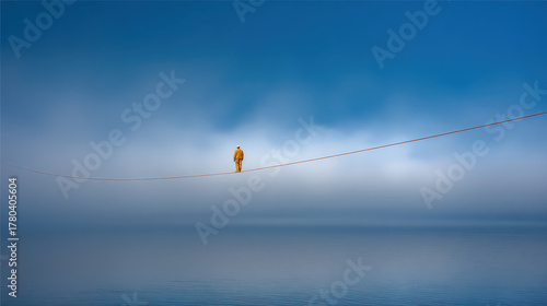 Person walking on a tightrope high above calm blue water during misty early morning with serene sky background symbolizing balance focus and daring