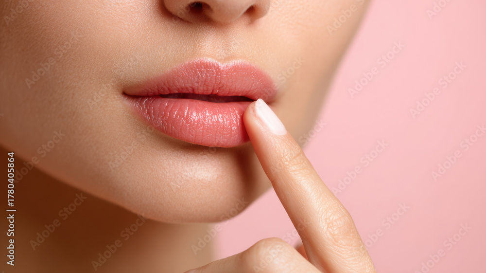 Obraz premium A close-up view of delicate lips, touched by a finger. The focus is on the smooth, soft texture of the lips, highlighting their natural beauty