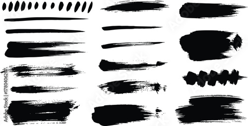 Mega bundle of different ink brush strokes:rectangle,square and round freehand drawings.Ink splatters,grungy painted lines,artistic design elements:waves,circles,triangles.