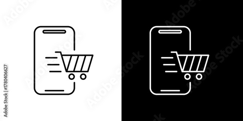 E-commerce line icon with a smartphone and a fast shopping cart, symbolizing online ordering and quick delivery from a mobile application