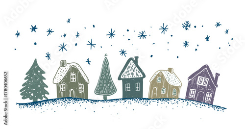 Christmas houses with tree on white	
