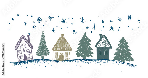 Christmas houses with tree on white	
